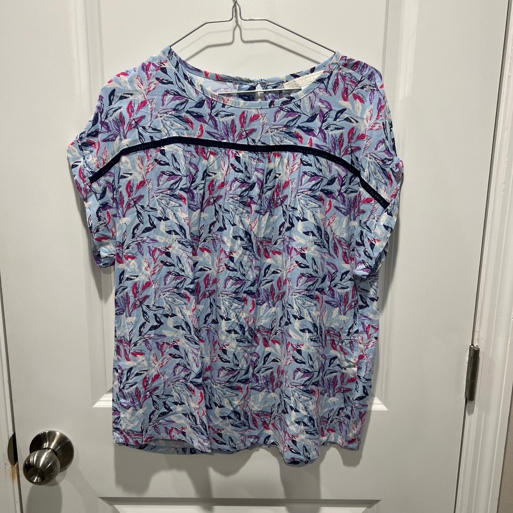 Juniper + Lime Womens Blouse Floral Leaf‎ Print Crochet Trim Blue PM
